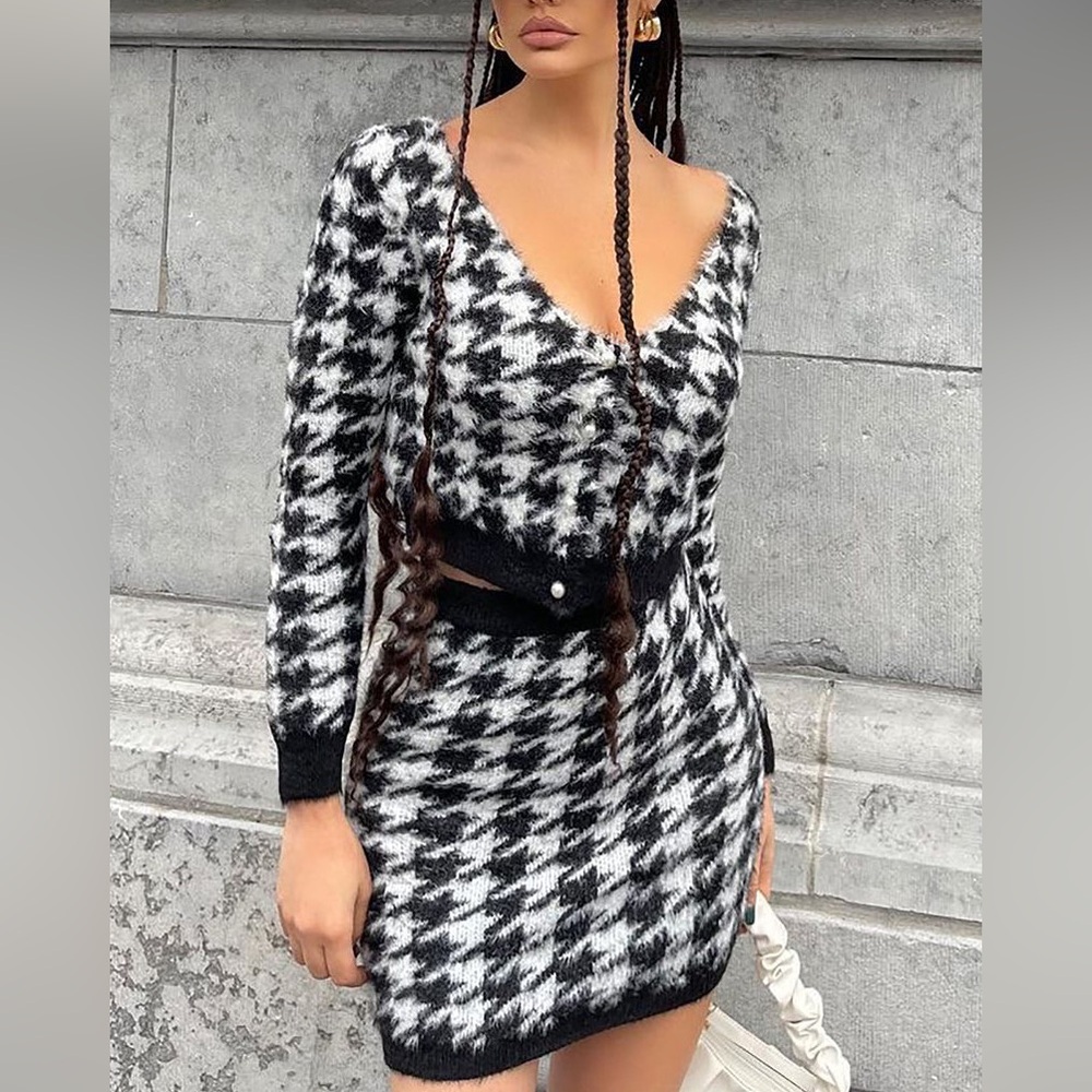 Fashion Nova Oh You Hound Houndstooth Knit Two Piece Skirt Set Size L - Picture 2 of 12